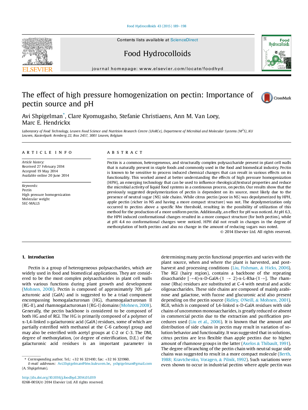 The effect of high pressure homogenization on pectin: Importance of pectin source and pH