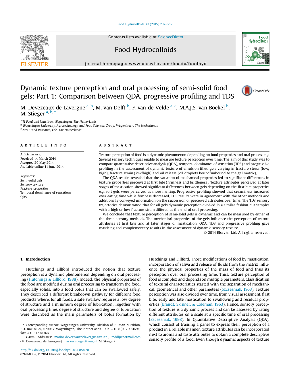 Dynamic texture perception and oral processing of semi-solid food gels: Part 1: Comparison between QDA, progressive profiling and TDS