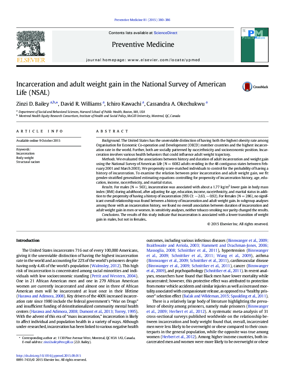 Incarceration and adult weight gain in the National Survey of American Life (NSAL)