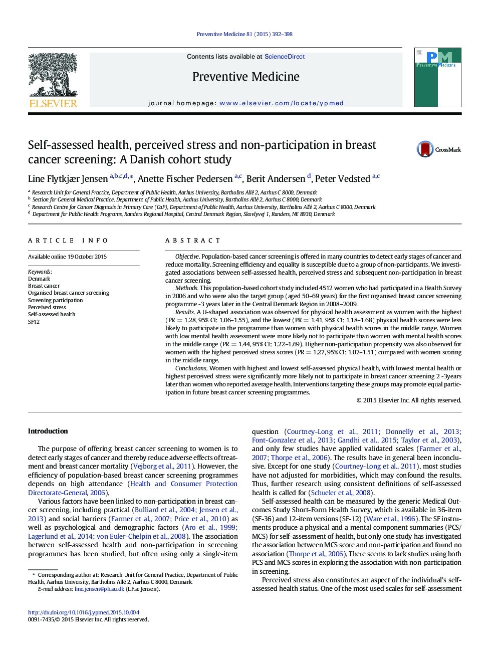 Self-assessed health, perceived stress and non-participation in breast cancer screening: A Danish cohort study