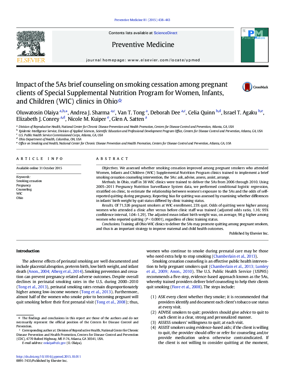 Impact of the 5As brief counseling on smoking cessation among pregnant clients of Special Supplemental Nutrition Program for Women, Infants, and Children (WIC) clinics in Ohio