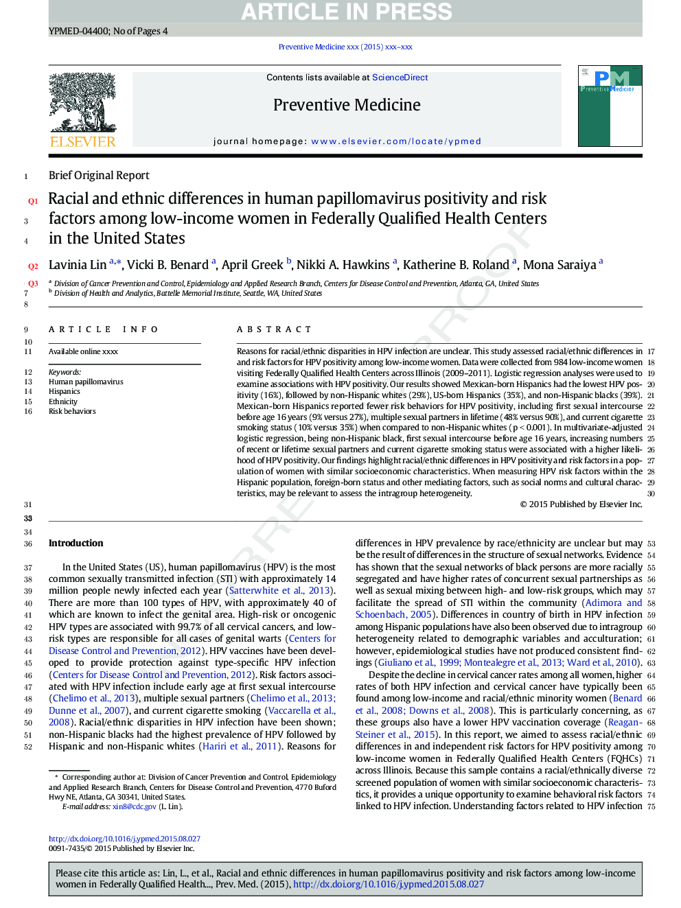 Racial and ethnic differences in human papillomavirus positivity and risk factors among low-income women in Federally Qualified Health Centers in the United States