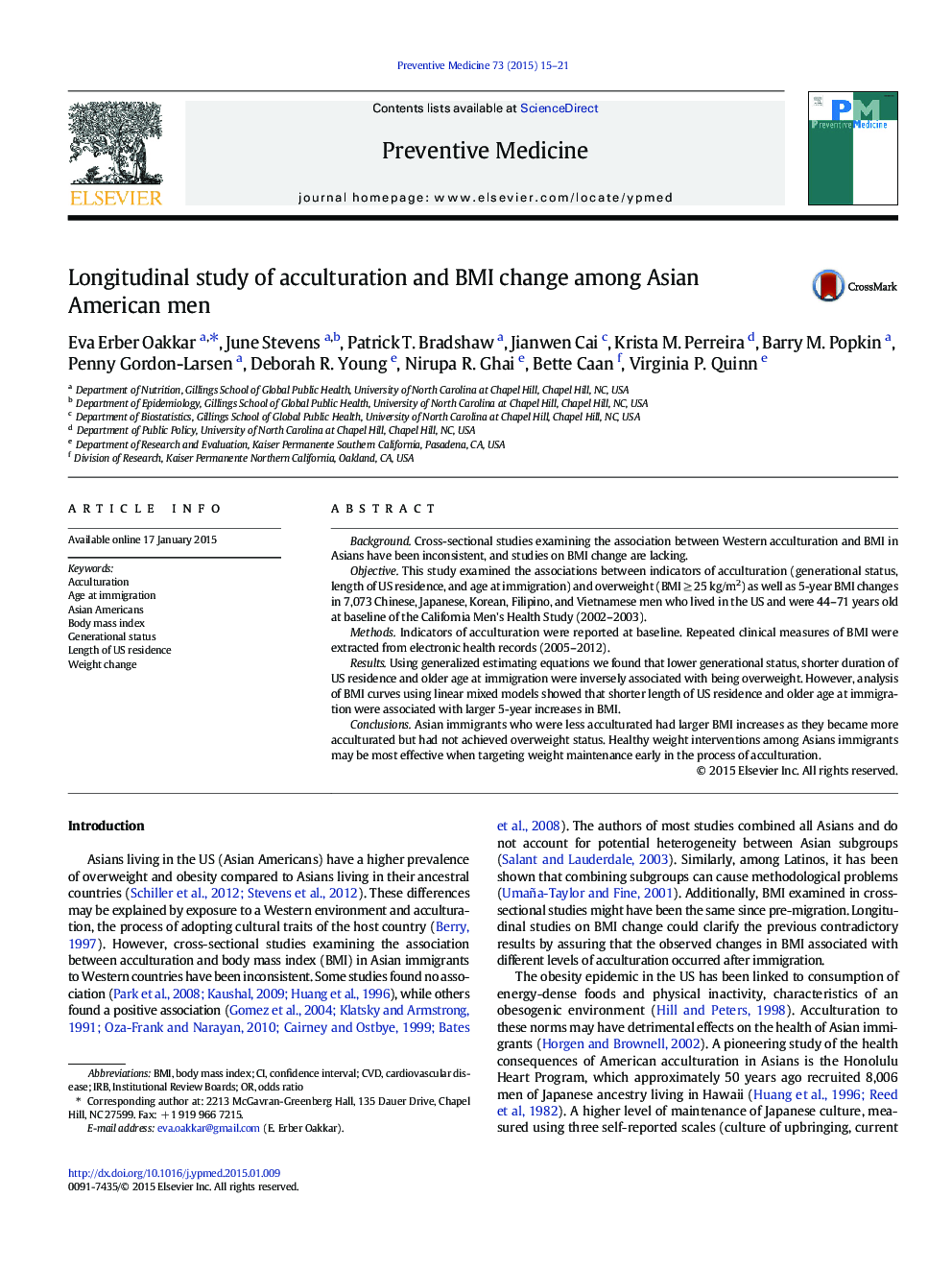 Longitudinal study of acculturation and BMI change among Asian American men