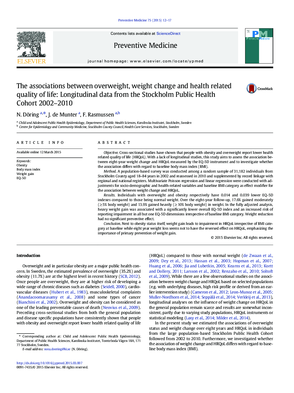 The associations between overweight, weight change and health related quality of life: Longitudinal data from the Stockholm Public Health Cohort 2002-2010