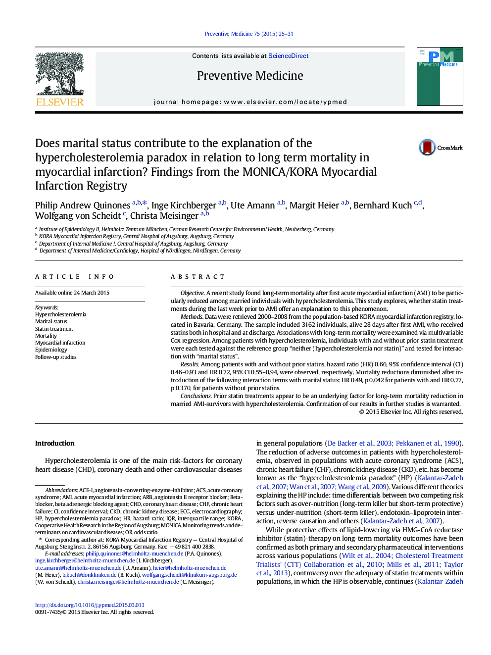 Does marital status contribute to the explanation of the hypercholesterolemia paradox in relation to long term mortality in myocardial infarction? Findings from the MONICA/KORA Myocardial Infarction Registry