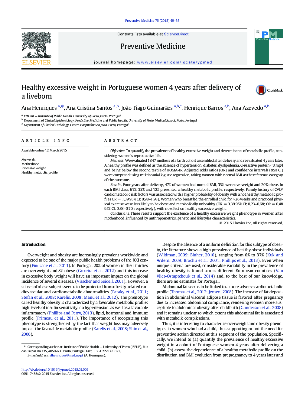 Healthy excessive weight in Portuguese women 4Â years after delivery of a liveborn