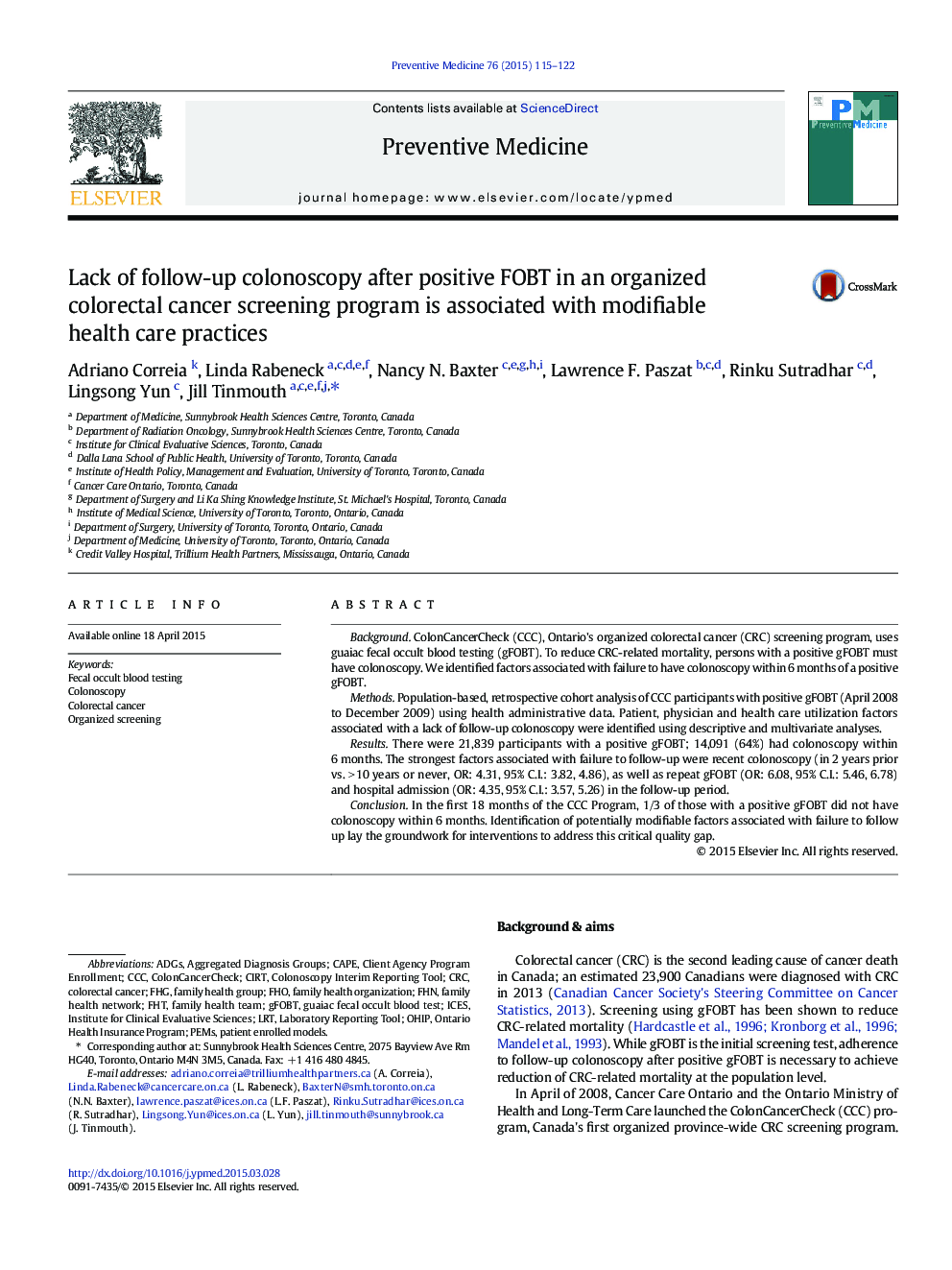 Lack of follow-up colonoscopy after positive FOBT in an organized colorectal cancer screening program is associated with modifiable health care practices