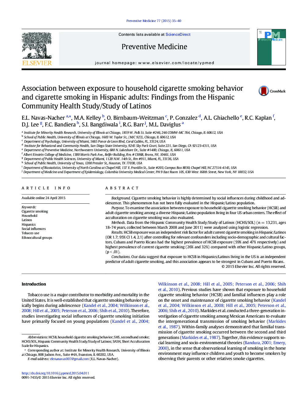 Association between exposure to household cigarette smoking behavior and cigarette smoking in Hispanic adults: Findings from the Hispanic Community Health Study/Study of Latinos