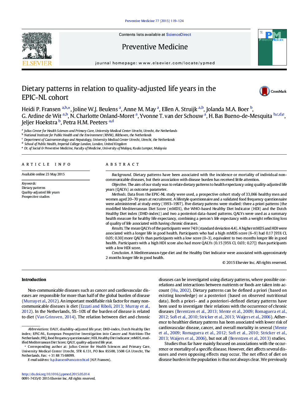 Dietary patterns in relation to quality-adjusted life years in the EPIC-NL cohort