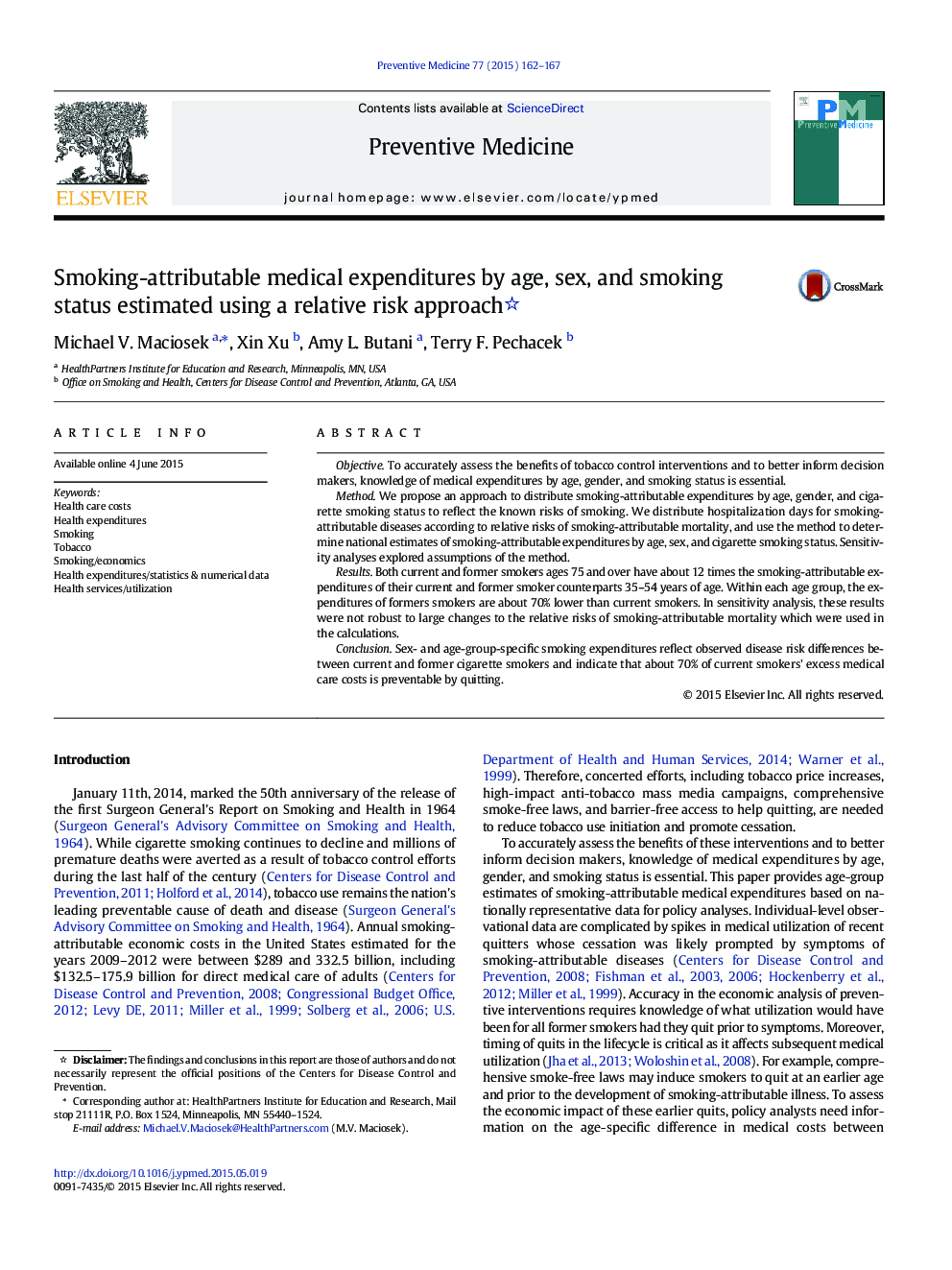 Smoking-attributable medical expenditures by age, sex, and smoking status estimated using a relative risk approach