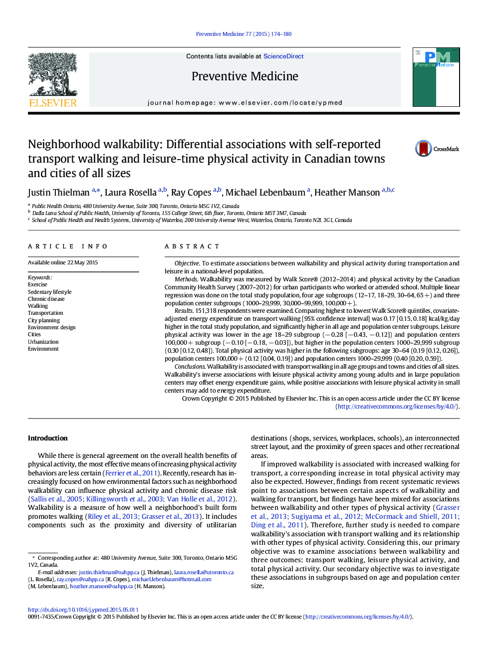 Neighborhood walkability: Differential associations with self-reported transport walking and leisure-time physical activity in Canadian towns and cities of all sizes