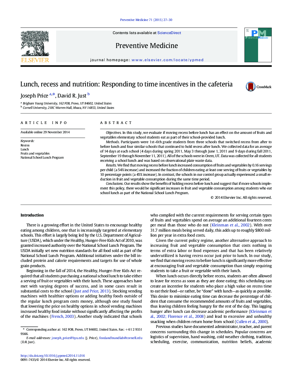 Lunch, recess and nutrition: Responding to time incentives in the cafeteria