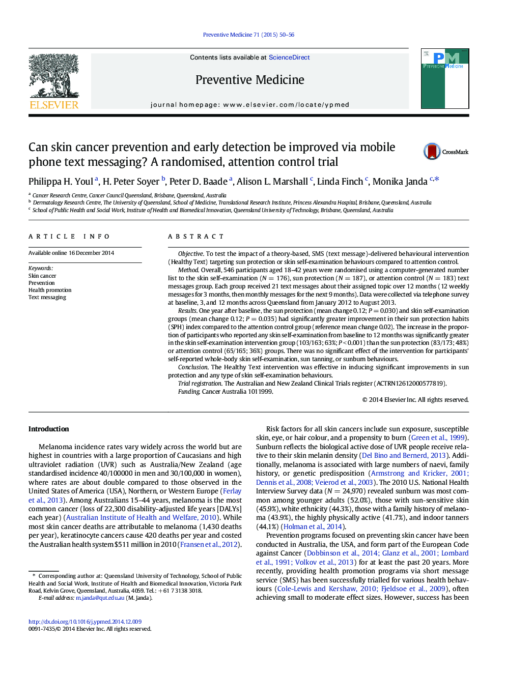 Can skin cancer prevention and early detection be improved via mobile phone text messaging? A randomised, attention control trial