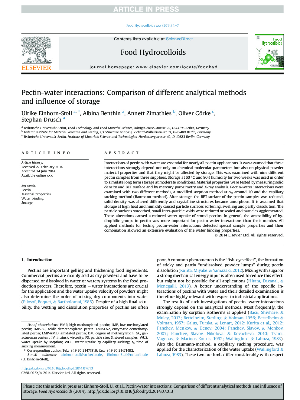 تعاملات پکتین-آب: مقایسه روشهای مختلف تجزیه و تحلیل و تأثیر ذخیره سازی 