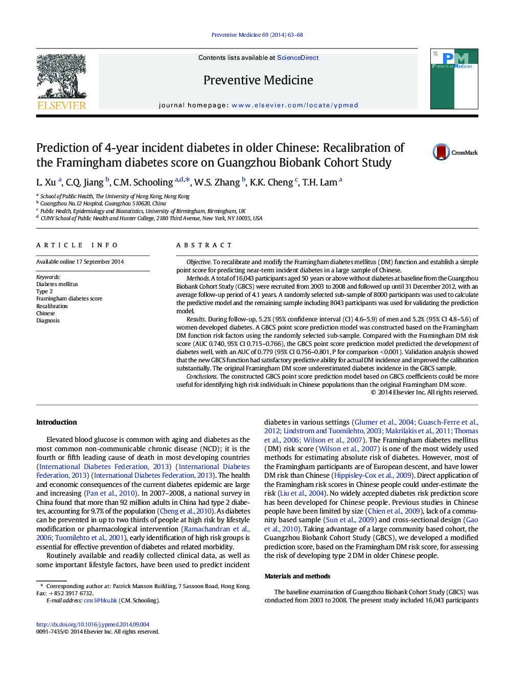 Prediction of 4-year incident diabetes in older Chinese: Recalibration of the Framingham diabetes score on Guangzhou Biobank Cohort Study