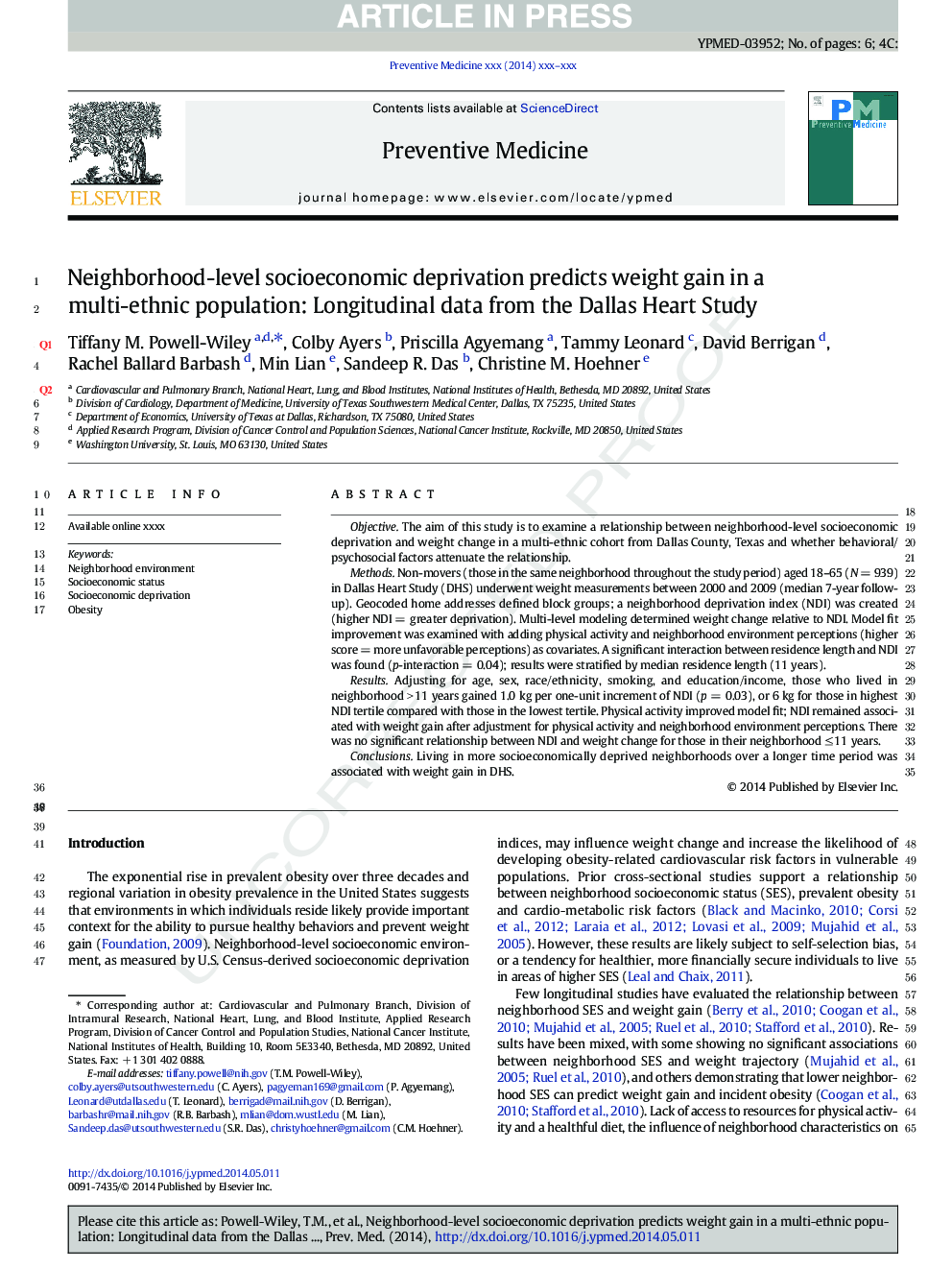 Neighborhood-level socioeconomic deprivation predicts weight gain in a multi-ethnic population: Longitudinal data from the Dallas Heart Study