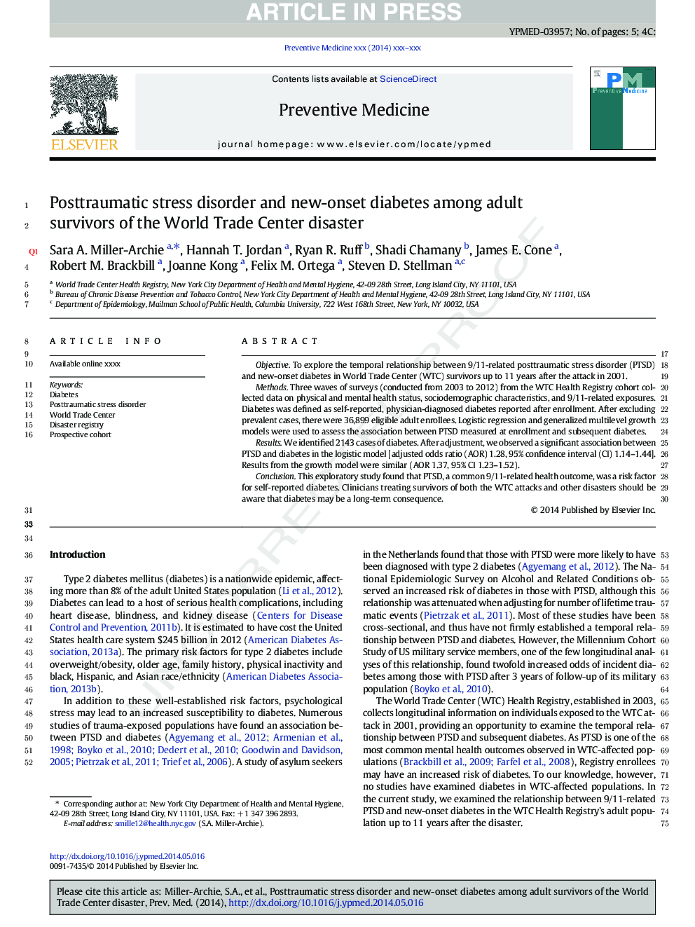 Posttraumatic stress disorder and new-onset diabetes among adult survivors of the World Trade Center disaster