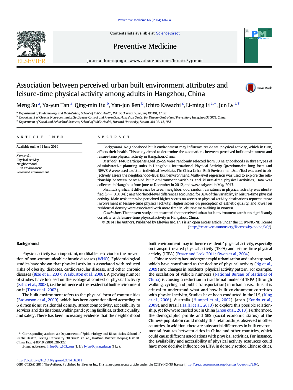 Association between perceived urban built environment attributes and leisure-time physical activity among adults in Hangzhou, China