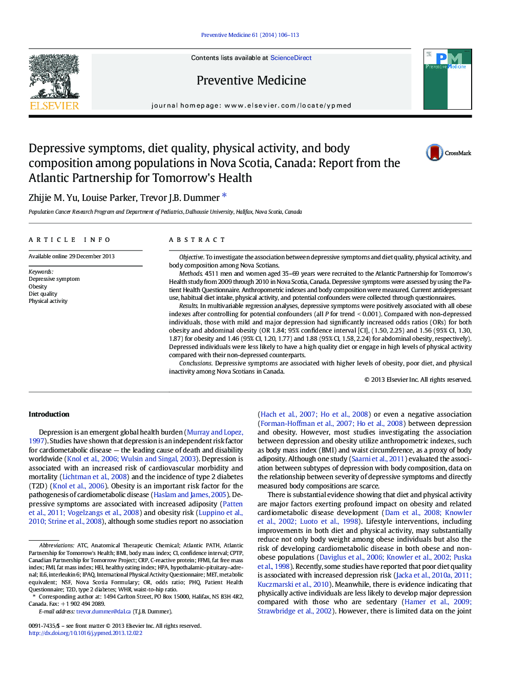 Depressive symptoms, diet quality, physical activity, and body composition among populations in Nova Scotia, Canada: Report from the Atlantic Partnership for Tomorrow's Health