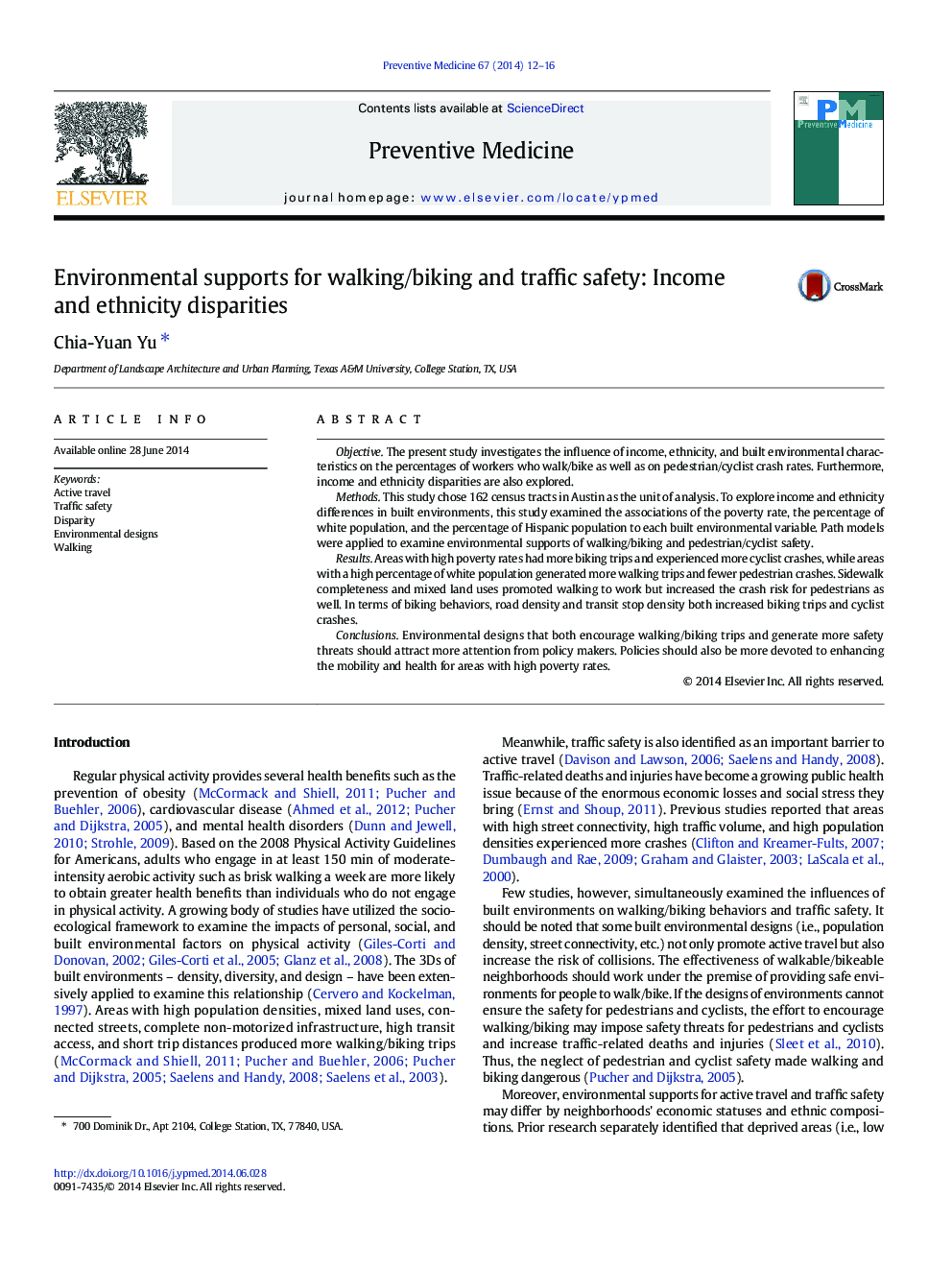 Environmental supports for walking/biking and traffic safety: Income and ethnicity disparities