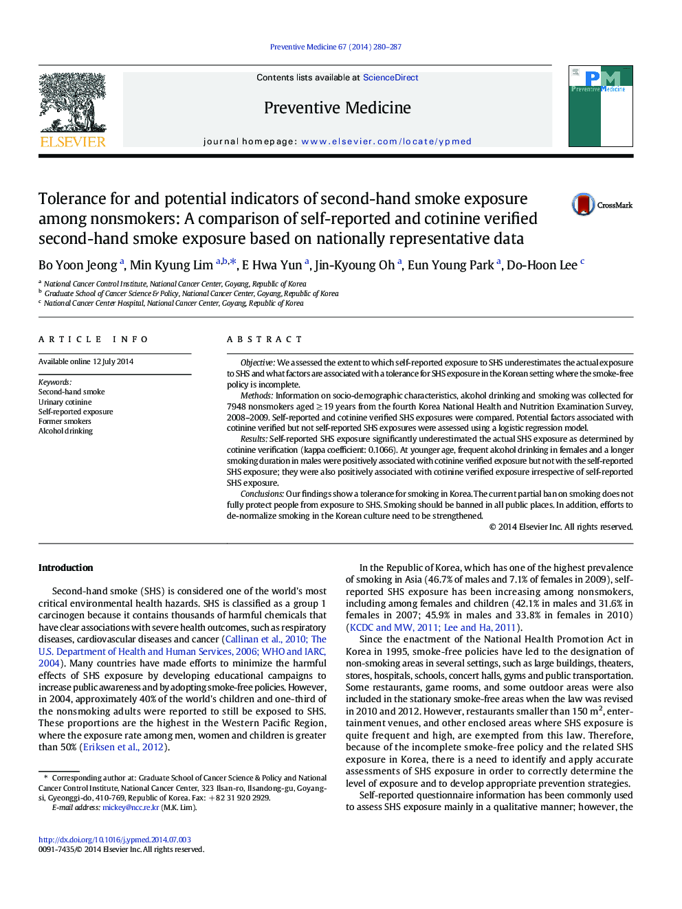Tolerance for and potential indicators of second-hand smoke exposure among nonsmokers: A comparison of self-reported and cotinine verified second-hand smoke exposure based on nationally representative data