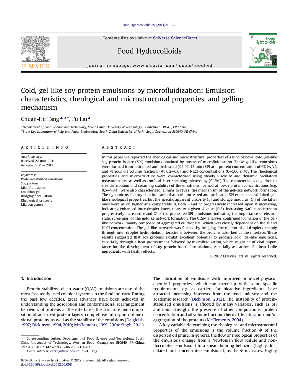 Cold, gel-like soy protein emulsions by microfluidization: Emulsion characteristics, rheological and microstructural properties, and gelling mechanism