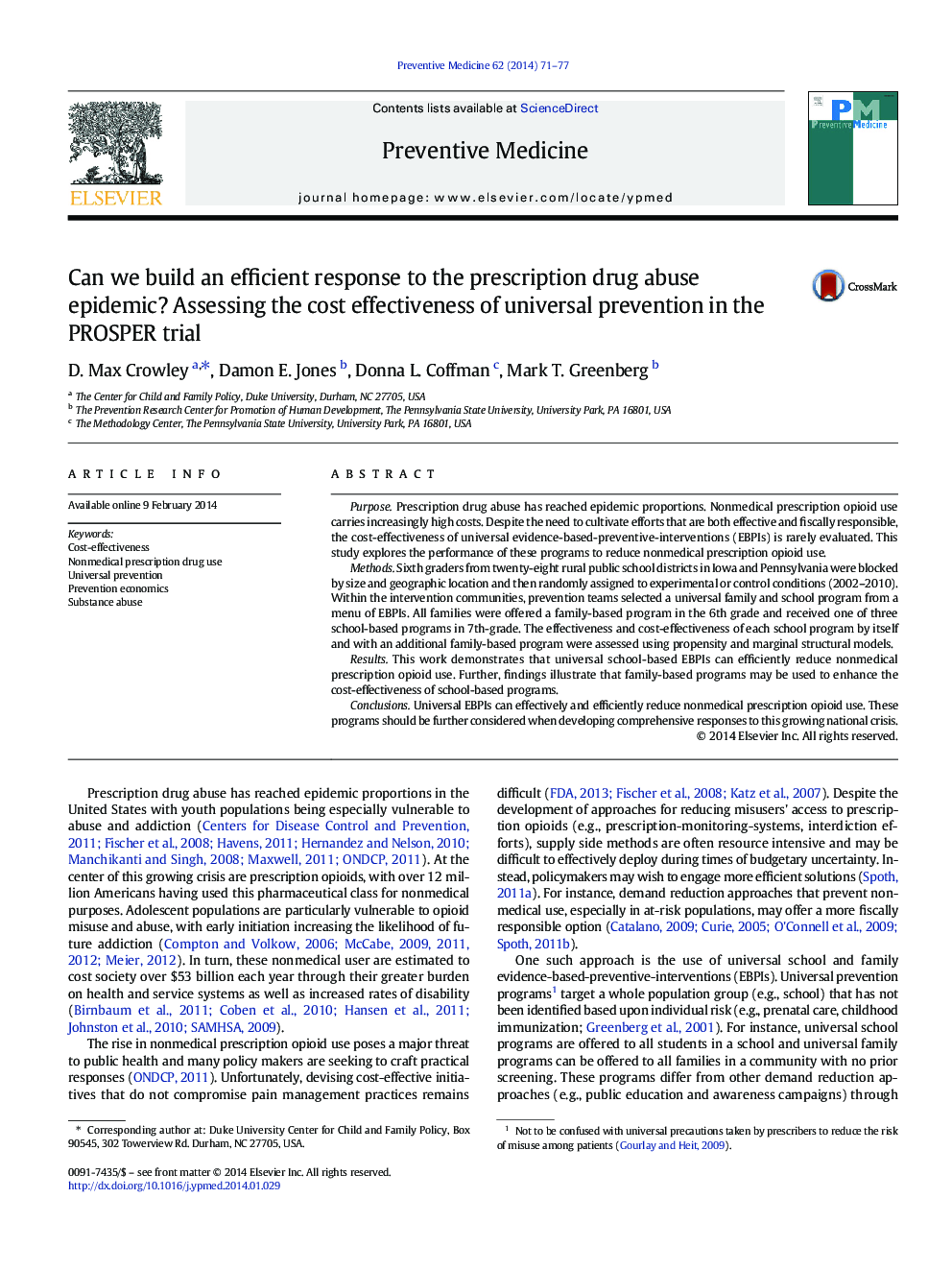 Can we build an efficient response to the prescription drug abuse epidemic? Assessing the cost effectiveness of universal prevention in the PROSPER trial