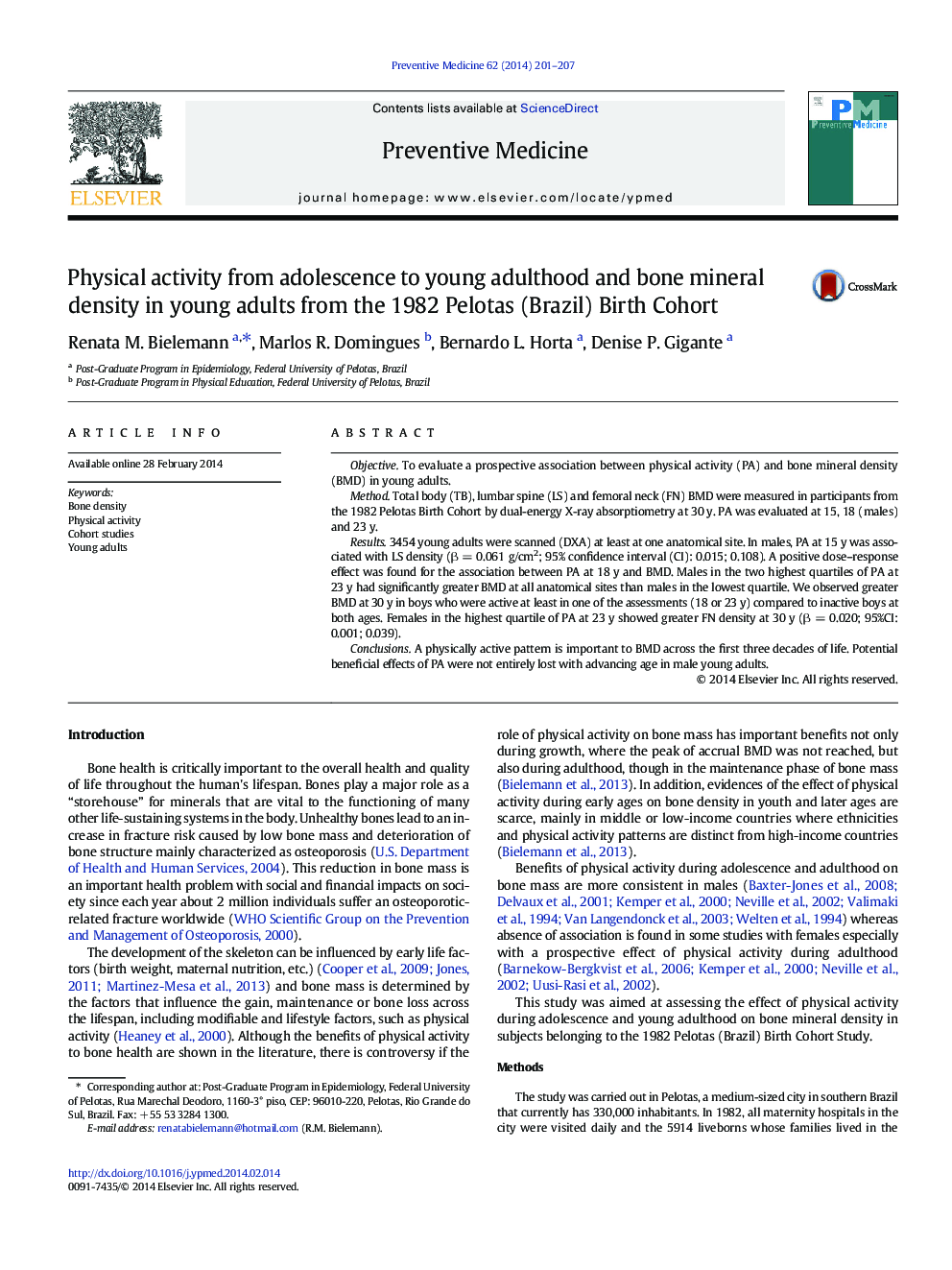 Physical activity from adolescence to young adulthood and bone mineral density in young adults from the 1982 Pelotas (Brazil) Birth Cohort