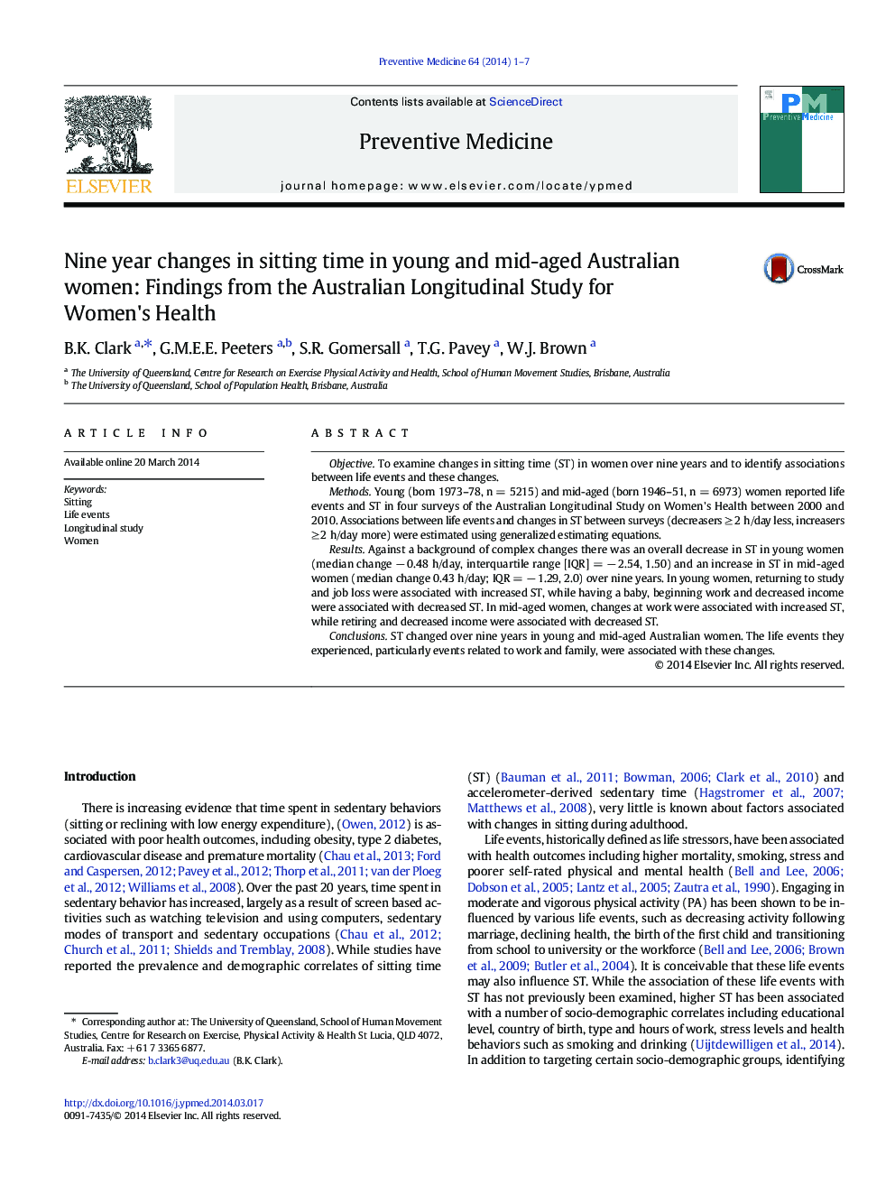 تغییرات نه ساله در زمان نشستن در زنان جوان و جوان میانسالی استرالیا: یافته های مطالعات طولی استرالیا برای سلامت زنان 