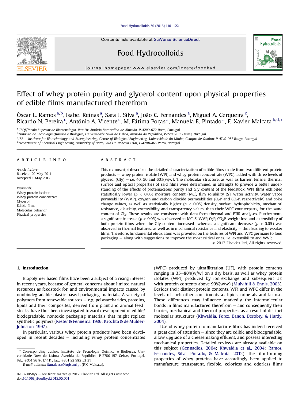 Effect of whey protein purity and glycerol content upon physical properties of edible films manufactured therefrom