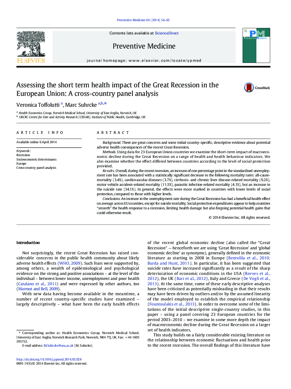 ارزیابی تأثیرات کوتاه مدت بهداشتی رکود اقتصادی در اتحادیه اروپا: تجزیه و تحلیل پانل متقابل کشور 