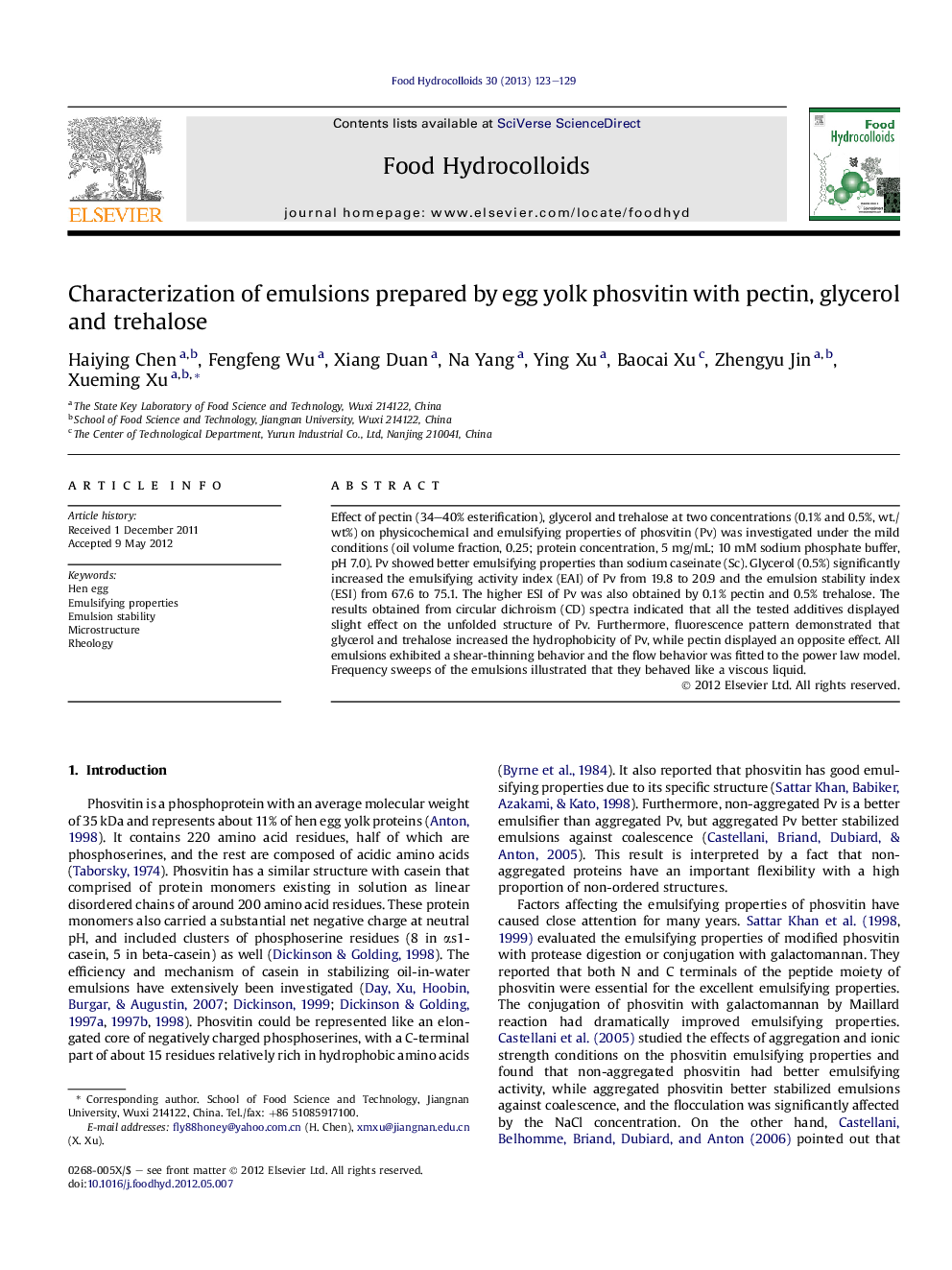 Characterization of emulsions prepared by egg yolk phosvitin with pectin, glycerol and trehalose