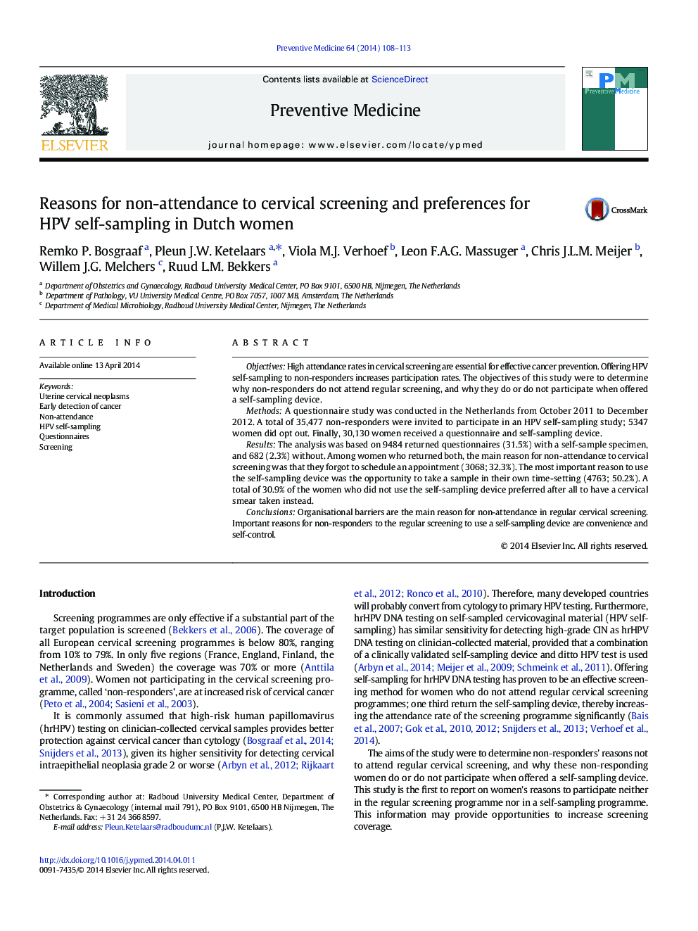 Reasons for non-attendance to cervical screening and preferences for HPV self-sampling in Dutch women