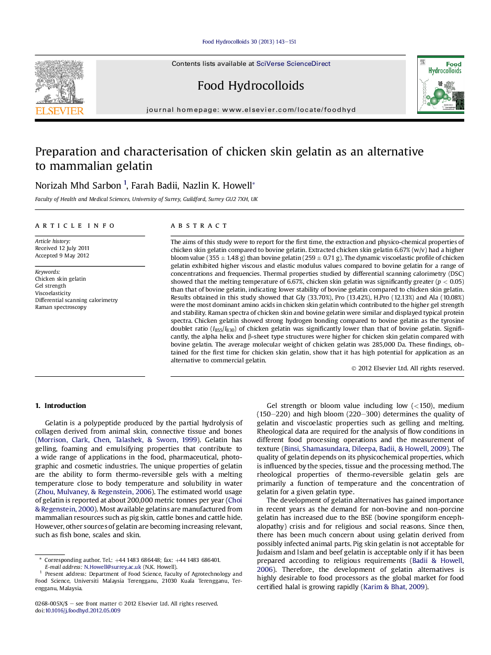 Preparation and characterisation of chicken skin gelatin as an alternative to mammalian gelatin