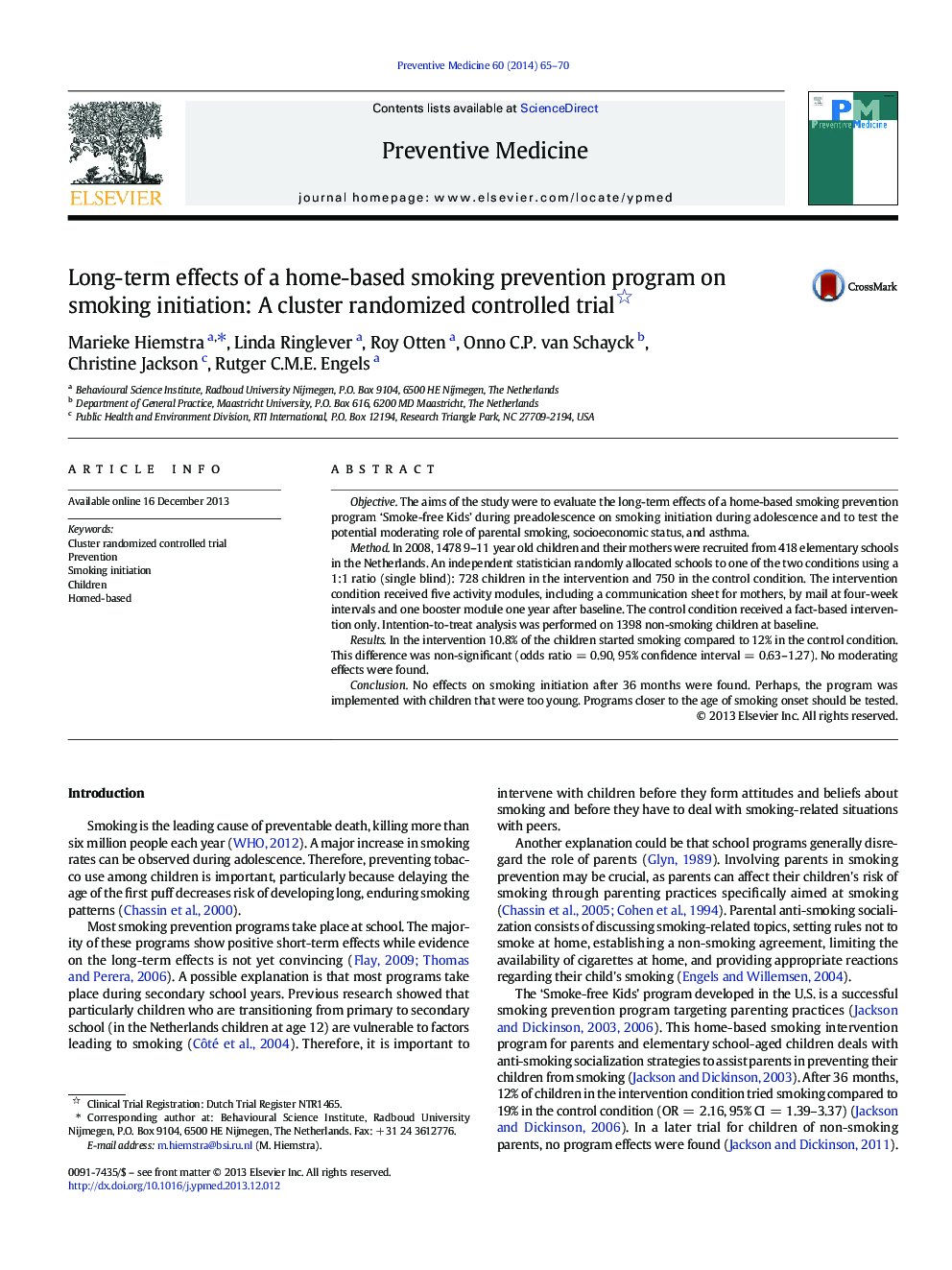Long-term effects of a home-based smoking prevention program on smoking initiation: A cluster randomized controlled trial