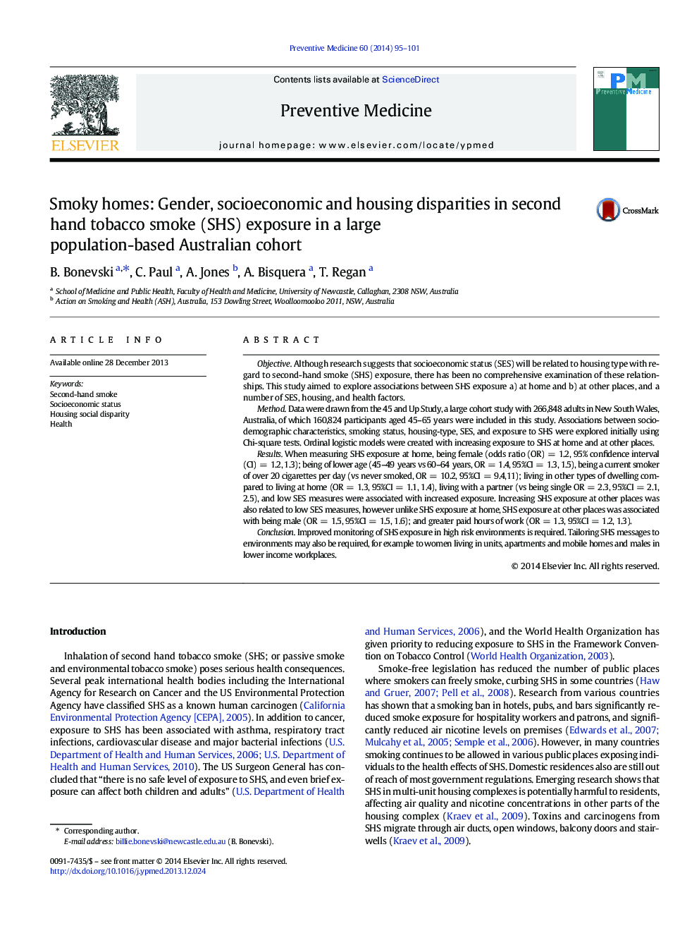 Smoky homes: Gender, socioeconomic and housing disparities in second hand tobacco smoke (SHS) exposure in a large population-based Australian cohort