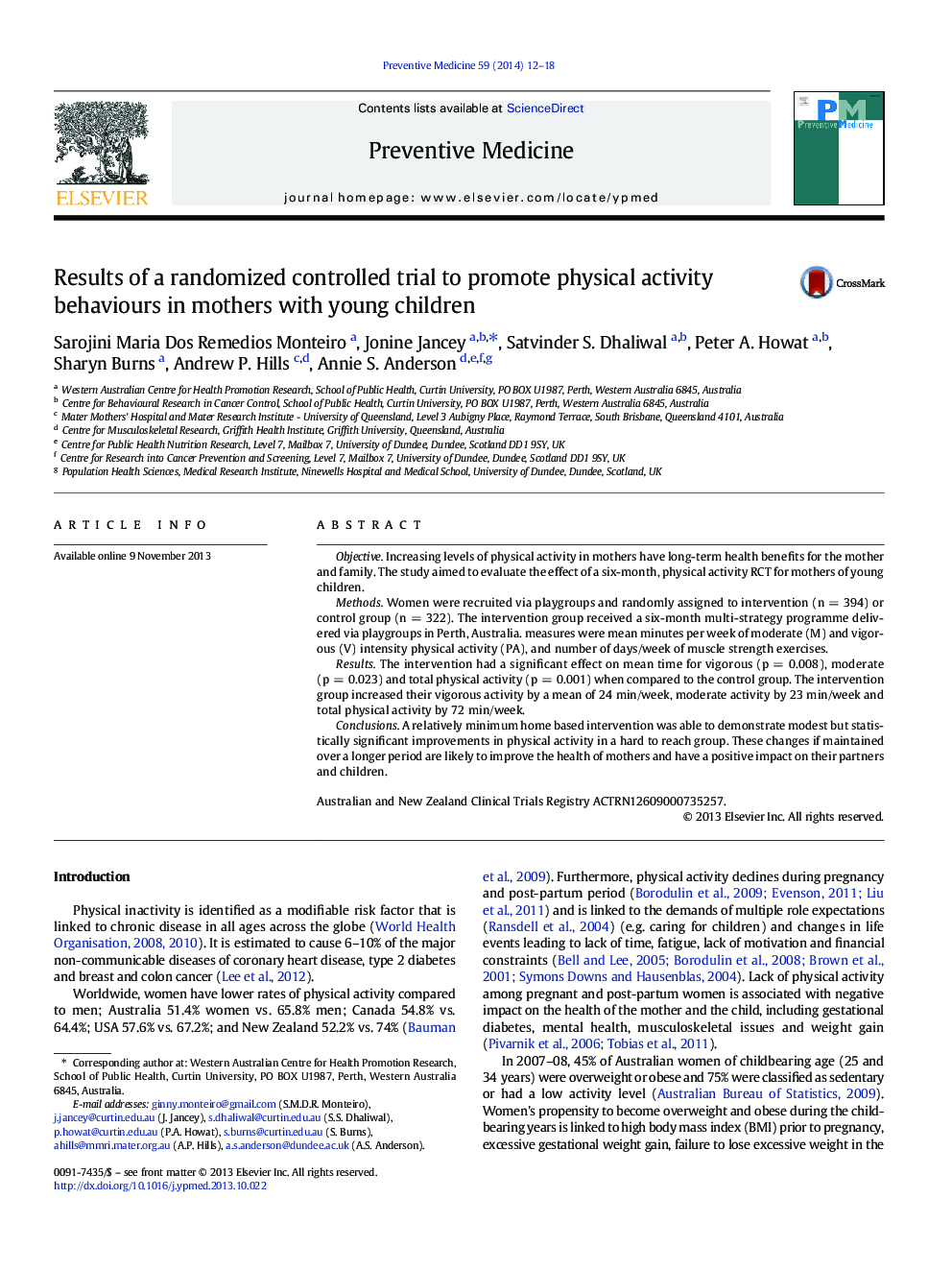 Results of a randomized controlled trial to promote physical activity behaviours in mothers with young children