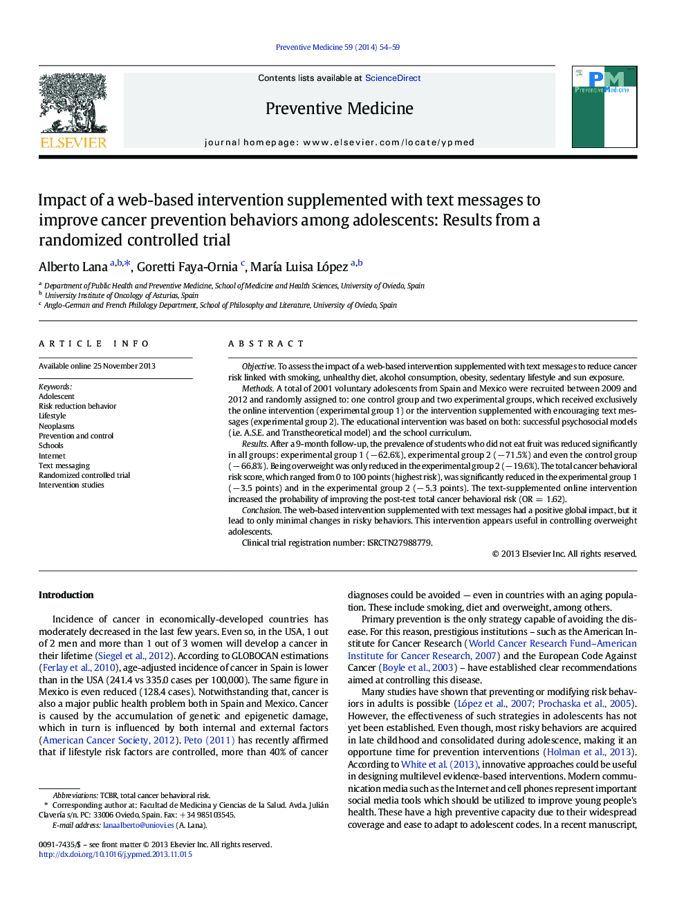 Impact of a web-based intervention supplemented with text messages to improve cancer prevention behaviors among adolescents: Results from a randomized controlled trial