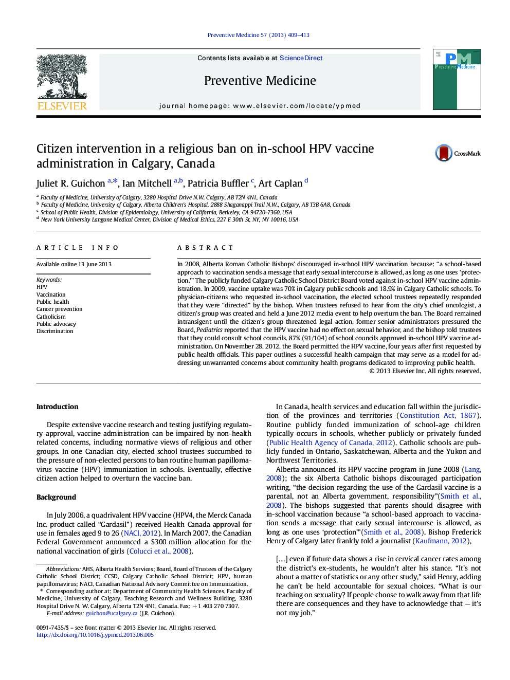 Citizen intervention in a religious ban on in-school HPV vaccine administration in Calgary, Canada