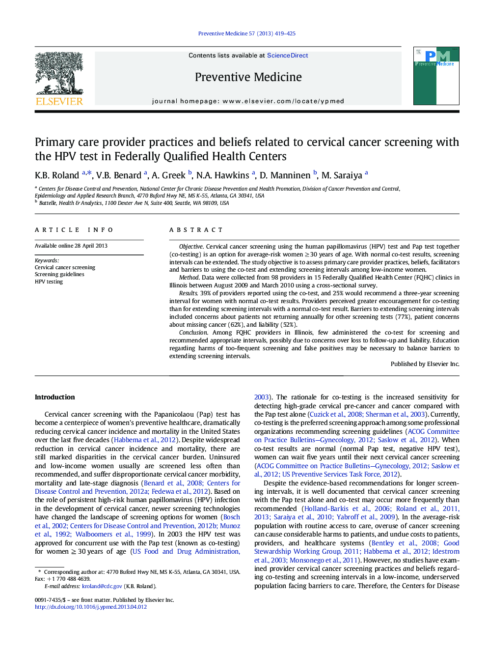 Primary care provider practices and beliefs related to cervical cancer screening with the HPV test in Federally Qualified Health Centers