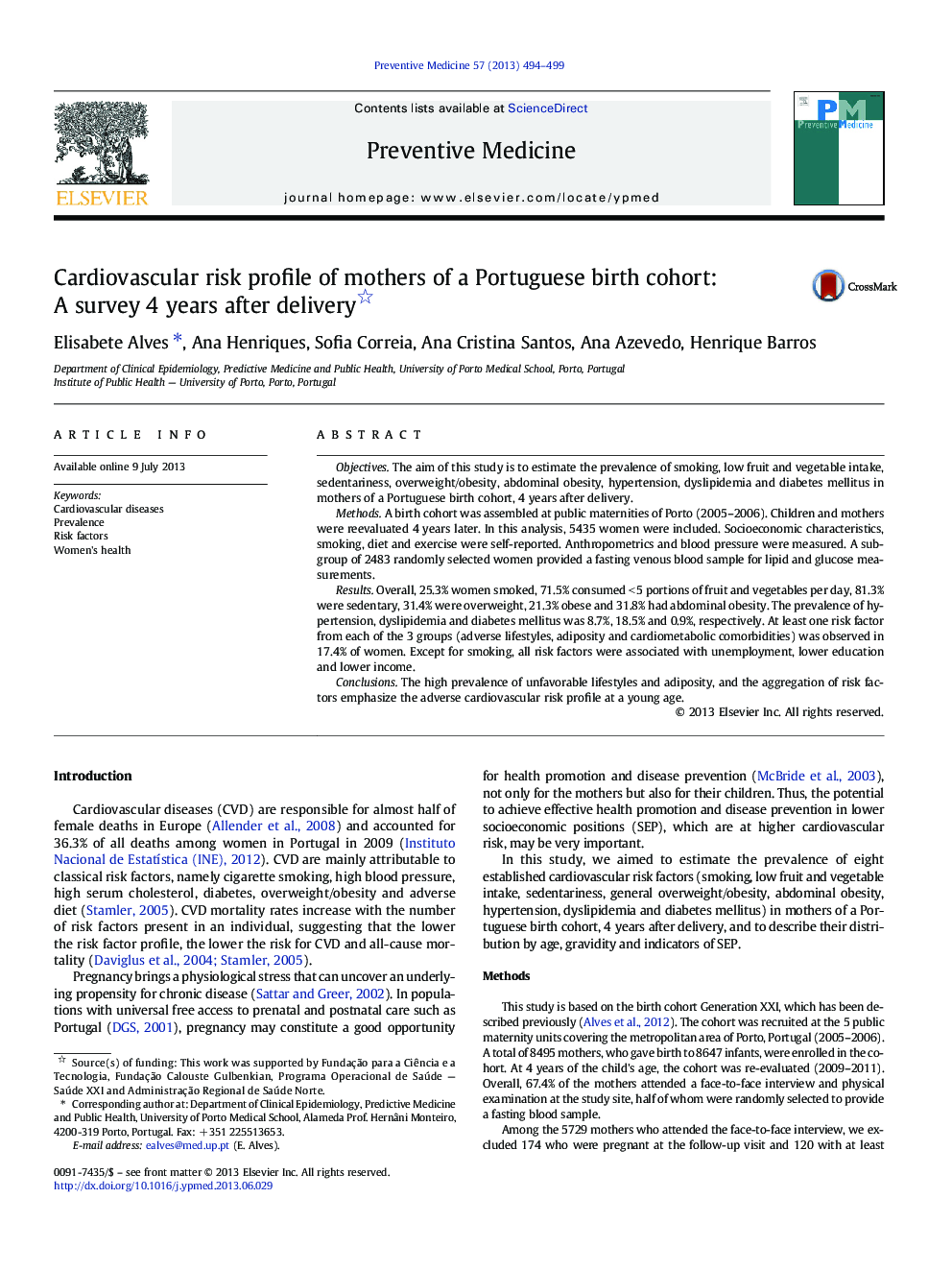 Cardiovascular risk profile of mothers of a Portuguese birth cohort: A survey 4Â years after delivery