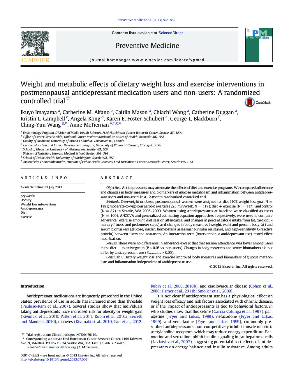 Weight and metabolic effects of dietary weight loss and exercise interventions in postmenopausal antidepressant medication users and non-users: A randomized controlled trial