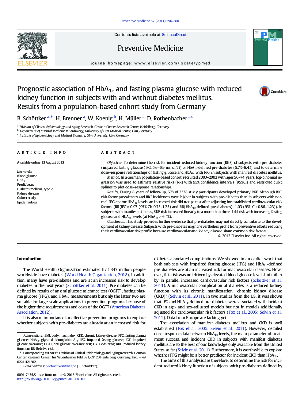 Prognostic association of HbA1c and fasting plasma glucose with reduced kidney function in subjects with and without diabetes mellitus. Results from a population-based cohort study from Germany