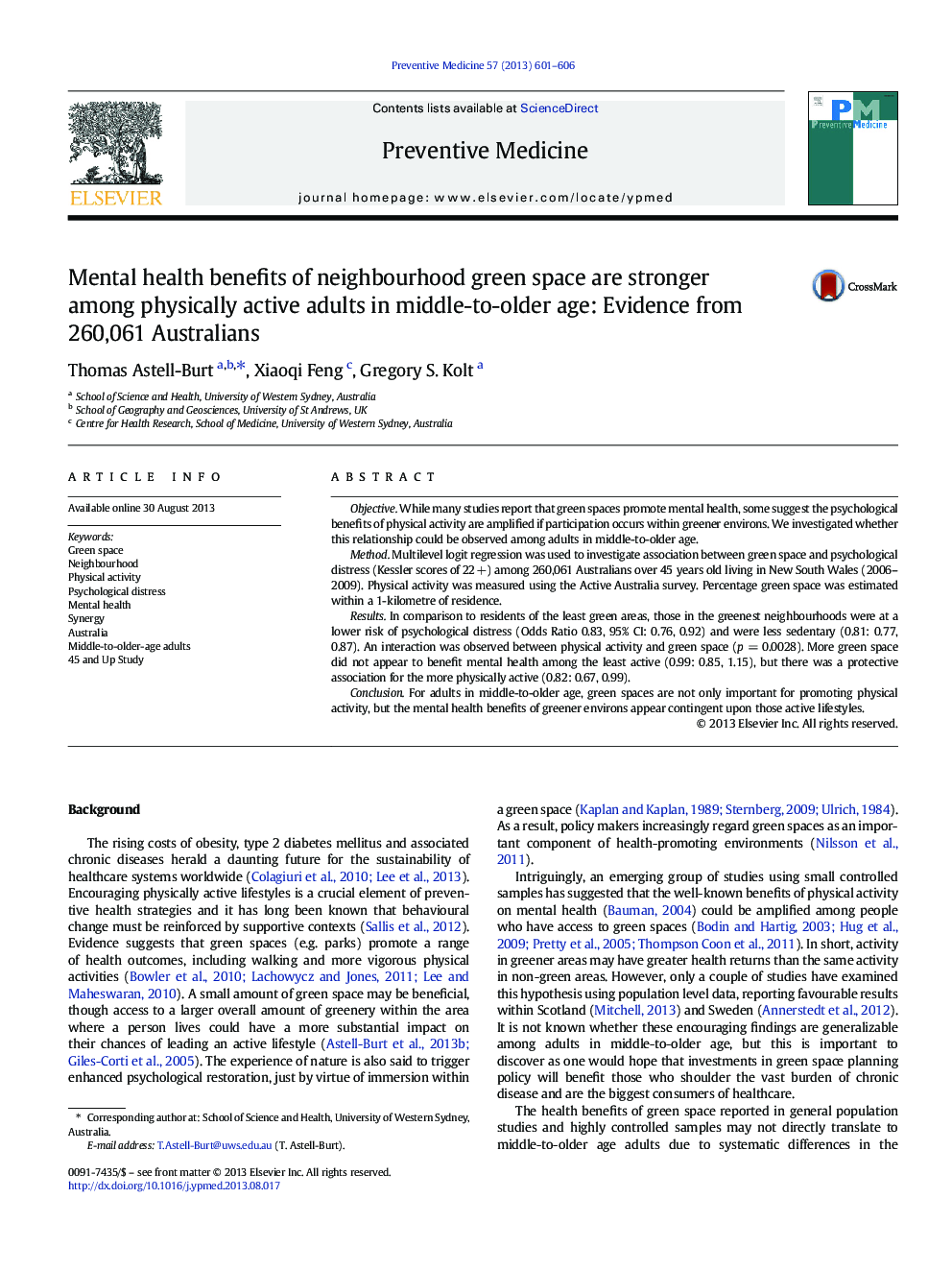 Mental health benefits of neighbourhood green space are stronger among physically active adults in middle-to-older age: Evidence from 260,061 Australians