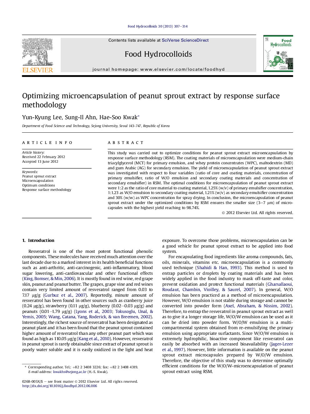 Optimizing microencapsulation of peanut sprout extract by response surface methodology