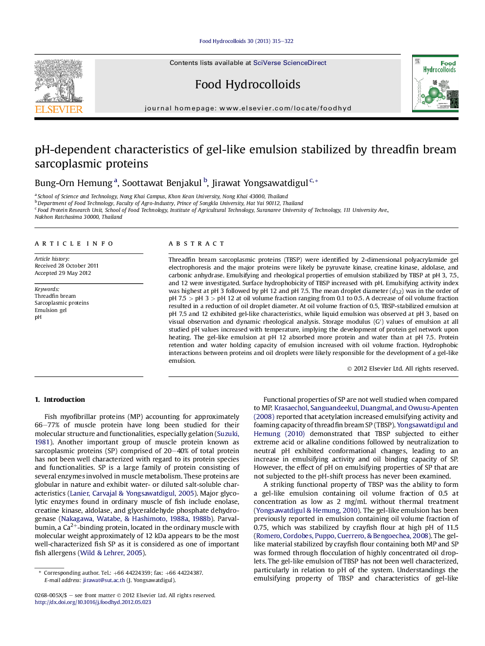 pH-dependent characteristics of gel-like emulsion stabilized by threadfin bream sarcoplasmic proteins