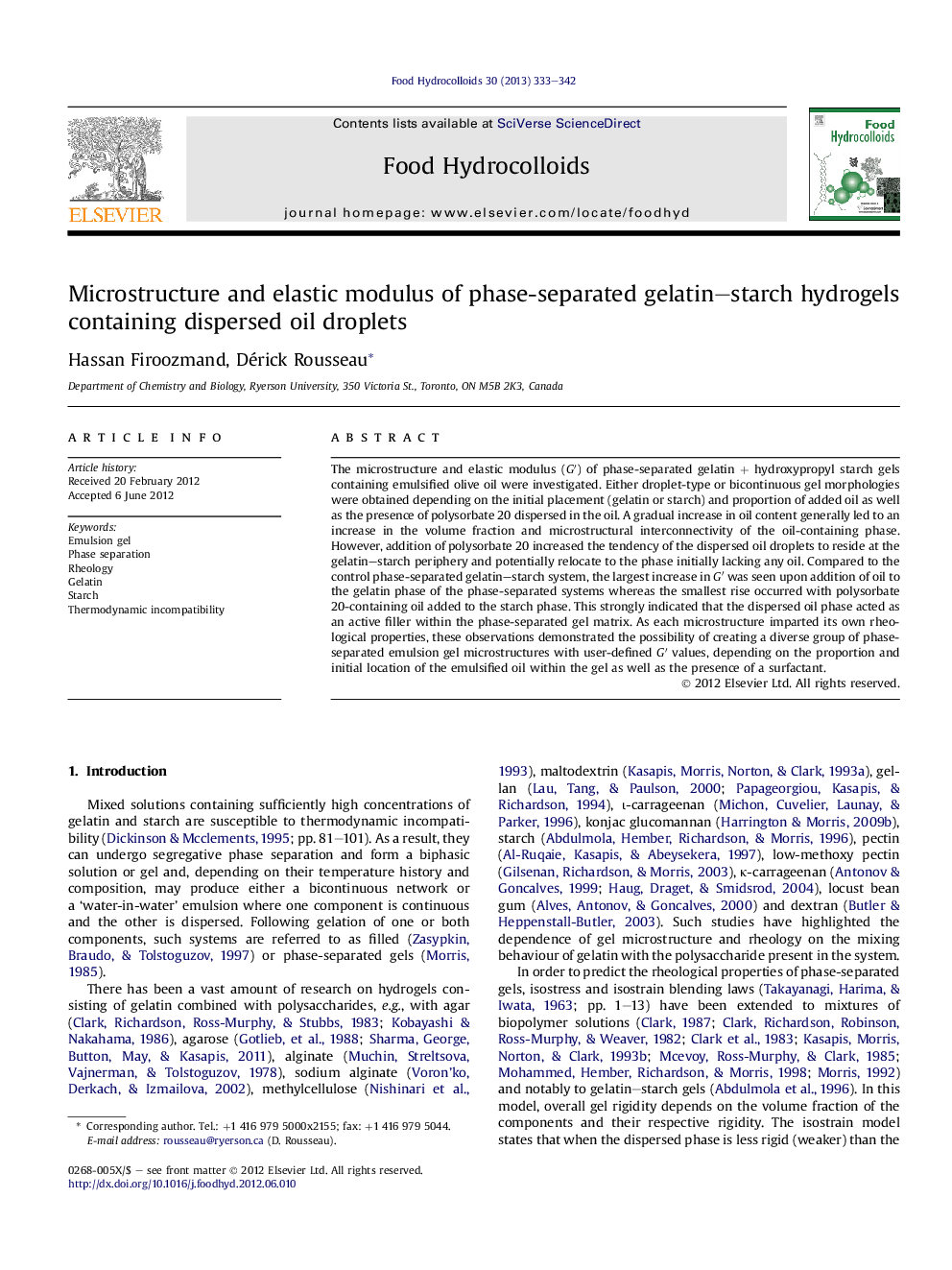 Microstructure and elastic modulus of phase-separated gelatin–starch hydrogels containing dispersed oil droplets