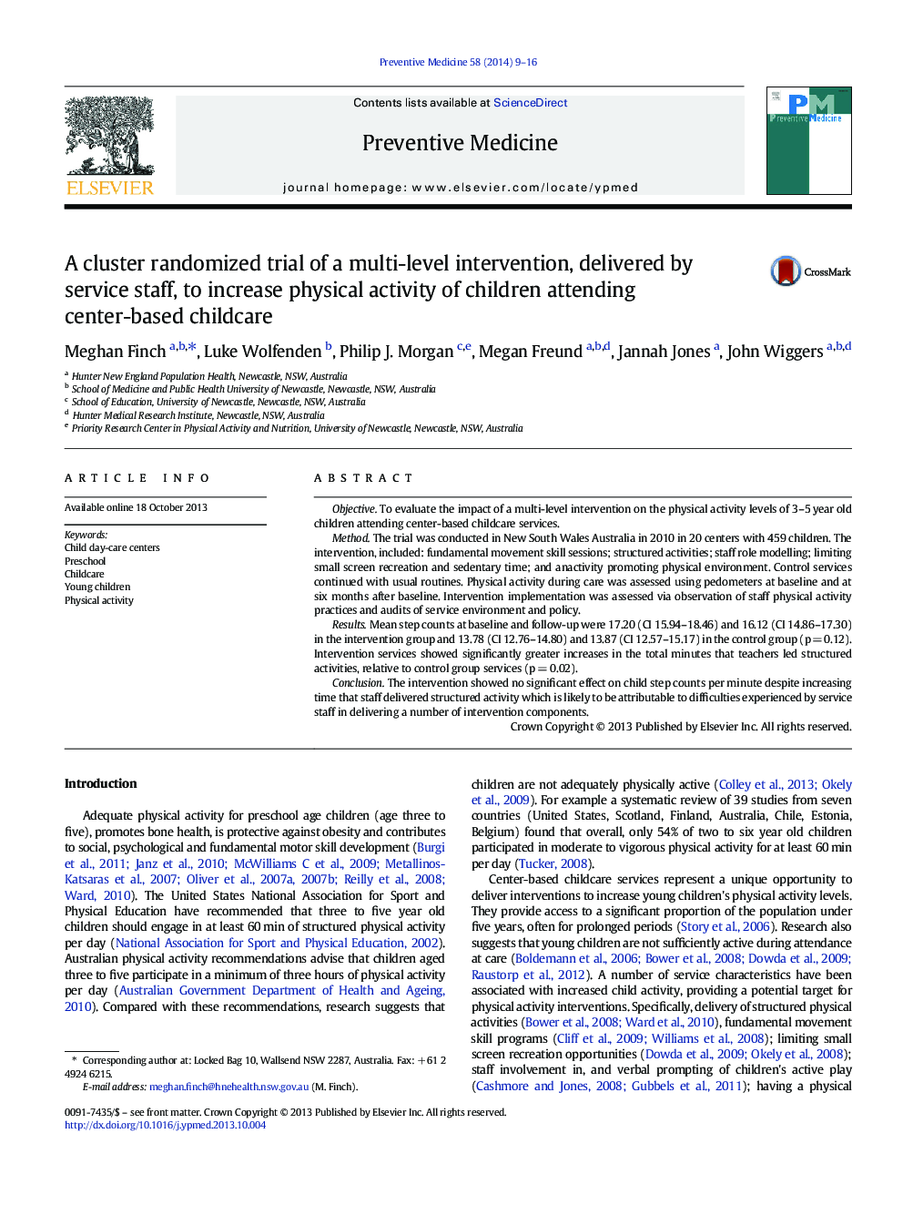 A cluster randomized trial of a multi-level intervention, delivered by service staff, to increase physical activity of children attending center-based childcare