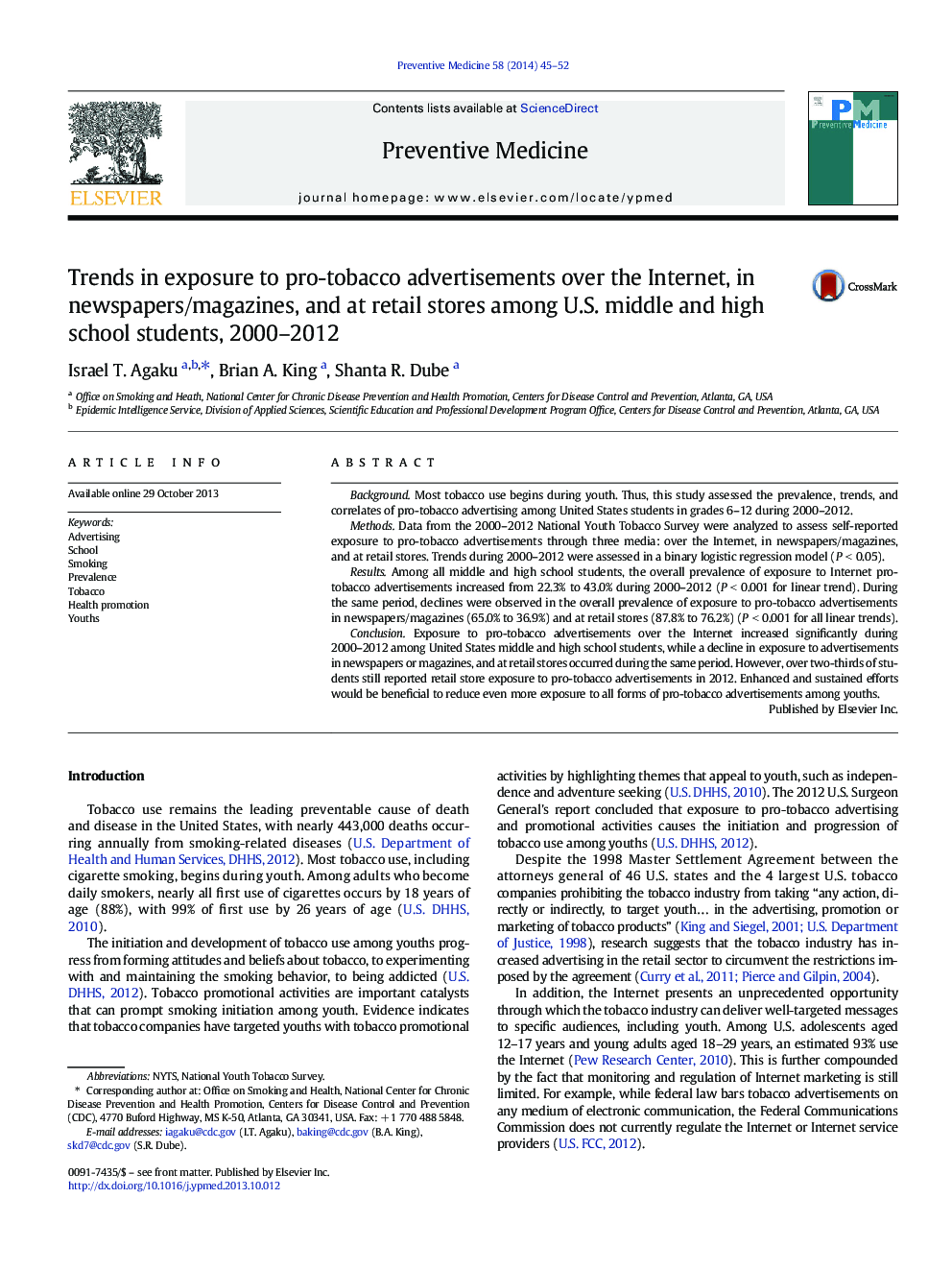 Trends in exposure to pro-tobacco advertisements over the Internet, in newspapers/magazines, and at retail stores among U.S. middle and high school students, 2000-2012