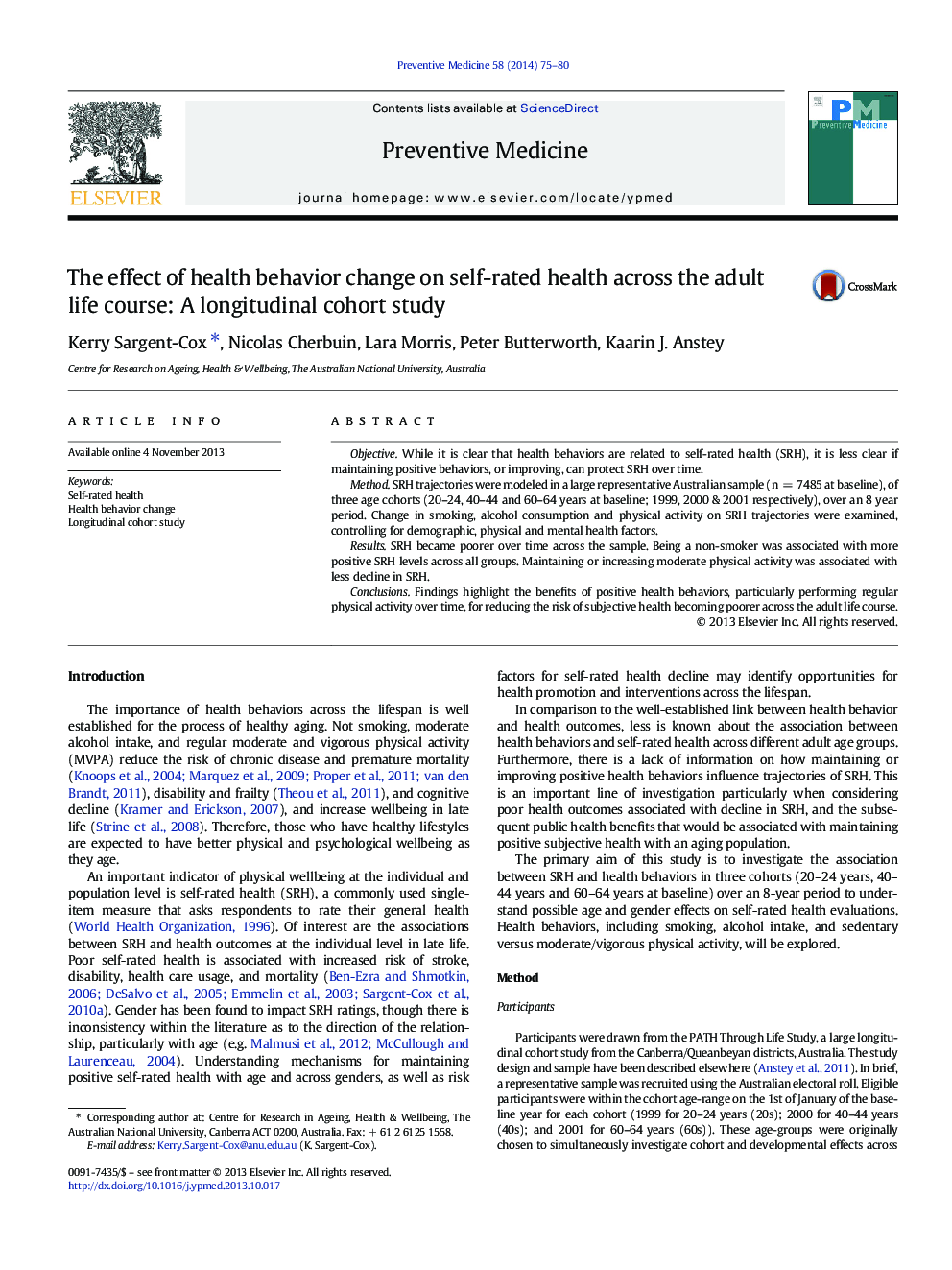The effect of health behavior change on self-rated health across the adult life course: A longitudinal cohort study